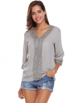 

Grey V-Neck 3"4 Sleeve Lace Patchwork Hollow Out Chiffon Tops, Multicolor