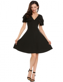 

Black V-Neck Ruffles Sleeve Solid Fit and Flare Dress, Multicolor