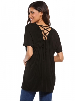 

Black Solid Back Lace Up Batwing Sleeve Loose Fit Casual Tops, Multicolor