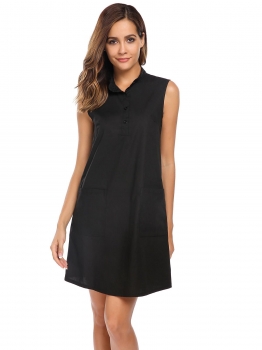 

Black Solid Stand Collar Sleeveless Mini Tank Dress, Multicolor
