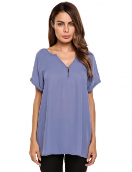 

Blue Notch Neck Short Sleeve Solid Casual Chiffon Blouse, Multicolor