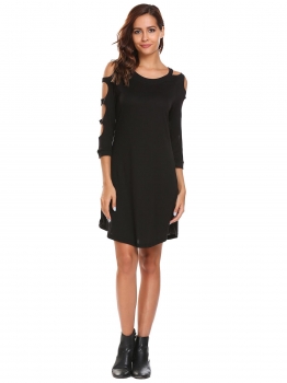

Black Cut Out 3"4 Sleeve Solid A-Line Dress, Multicolor