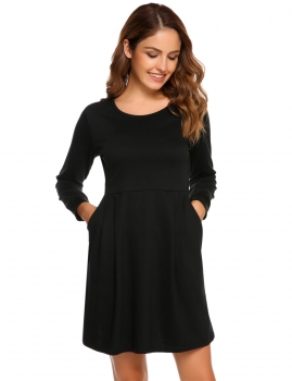 

Black O-Neck Long Sleeve Solid Casual Dress with Pocket, Multicolor