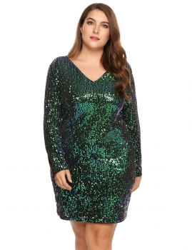 

Green Plus Size Long Sleeve Sequined Party Club Dress, Multicolor