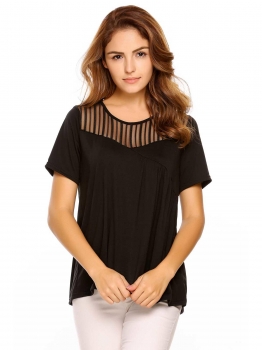 

Black Mesh Patchwork O-Neck Short Sleeve Tops, Multicolor