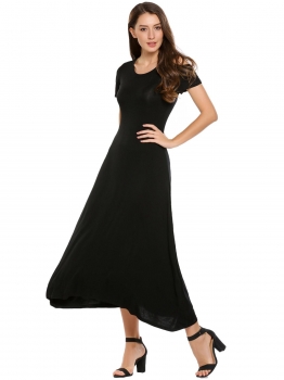 

Black O-Neck Short Sleeve Cold Shoulder Solid Swing Dress, Multicolor