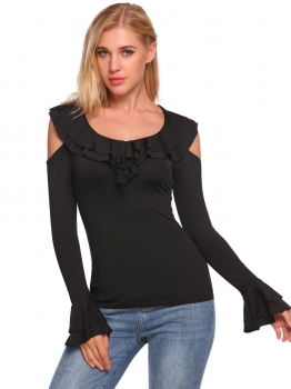 

Black Ruffle O-Neck Long Trumpet Sleeve Cold Shoulder Tops, Multicolor