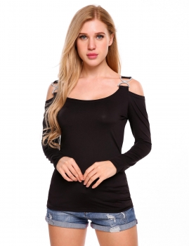 

Black Buckle Decoration Long Sleeve Cold Shoulder Solid Tops, Multicolor