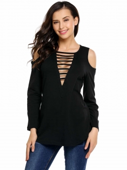 

Black Long Sleeve V Neck Solid Ladder Cut Cold Shoulder Tunic Tops, Multicolor