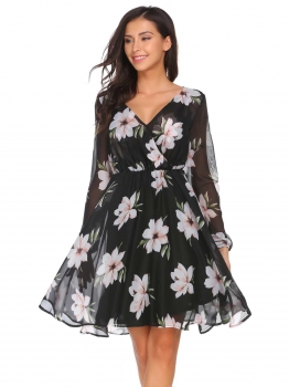 

Black Long Sleeve Floral Chiffon Dress, Multicolor