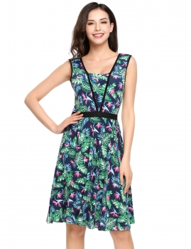 

Blue Printed Vintage Style Sleeveless Elastic Waist Casual Dress, Multicolor