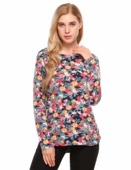 

Blue Floral Print O-Neck Long Sleeve Casual Tops, Multicolor