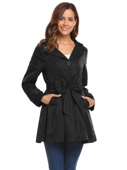 

Black Women Pleated Hem Single Breasted Belted Solid Windbreak Trench Coat with Hood, Multicolor