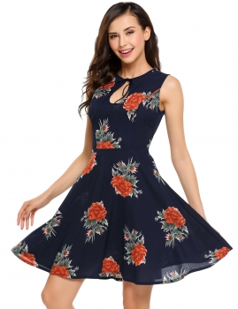 

Dark blue Sleeveless Printed Keyhole Slim Swing Dress, Multicolor