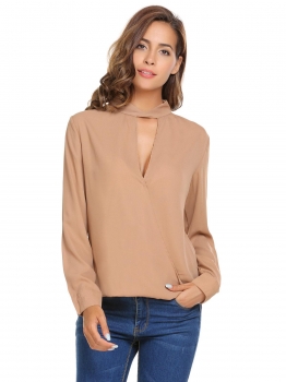 

Brown Stand Collar Long Sleeve Solid Front Crossing and Hollow Out Chiffon Shirt, Multicolor
