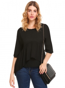 

Black Women O-Neck Half Sleeve Solid Ruffle Asymmetrical Hem Loose Chiffon Shirt, Multicolor