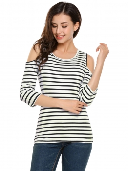 

Black O-Neck 3"4 Sleeve Cold Shoulder Striped T-shirt, Multicolor