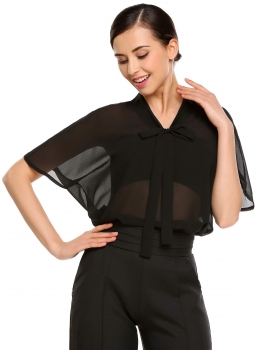 

Black Tie Bow Short Batwing Sleeve Solid Loose Fit Blouse, Multicolor