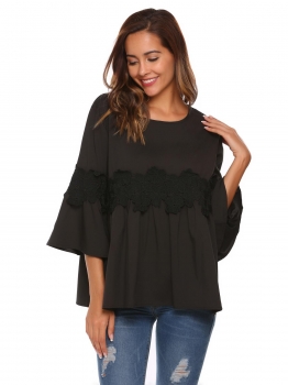 

Black O-Neck Lace Patchwork Flare Sleeve Solid Loose Tops, Multicolor