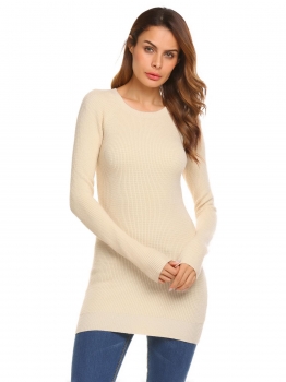 

Beige Solid Long Sleeve Thick Knitting Long Slim Pullover Sweater, Multicolor