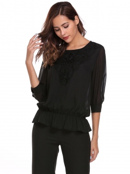 

Black Keyhole Back 3"4 Sleeve Ruffles Applique Patchwork Chiffon Blouse, Multicolor