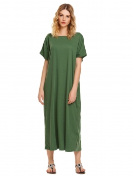 

Army green Short Sleeves Solid O Neck Loose Shift Dress, Multicolor