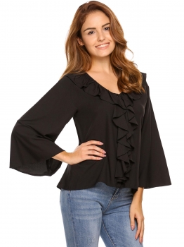 

Black Solid Ruffles Front V-Neck Flare Sleeve Blouse, Multicolor