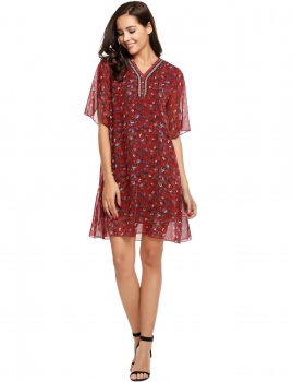 

Red Half Sleeve Floral V Neck Chiffon Beads Dress, Multicolor