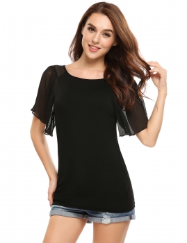

Black O-Neck Short Sleeve Patchwork Pullover Blouse, Multicolor