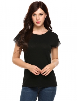 

Black O-Neck Short Sleeve Solid Lace Pullover T-shirt Tops, Multicolor