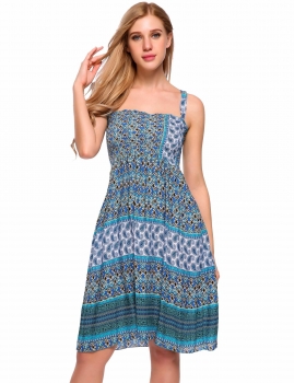 

Blue Bohemia Style Paisley Print Casua Spaghetti Strap Pleated Dress, Multicolor