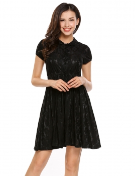

Black Doll Collar Short Sleeve Lace Buttons Skater Dress, Multicolor