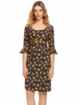 

Yellow Vintage Half Sleeve Floral O Neck Sheath Dress, Multicolor