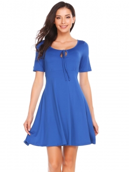 

Blue Vintage Style Solid Bow Tie-Neck A-Line Dress, Multicolor
