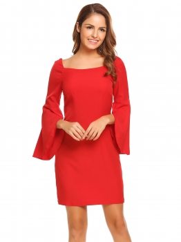 

Wine red Square Collar Flare Sleeve Package Hip Solid Sexy Casual Dress, Multicolor