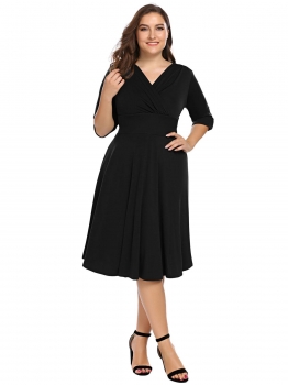 

Black Plus Size Vintage Style Ruched Swing Dress, Multicolor
