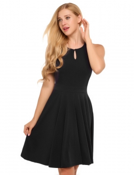 

Black O-Neck Sleeveless Keyhole Solid A-Line Dress, Multicolor