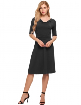 

Black Cowl Collar Half Sleeve Ruched Waist Solid Dress, Multicolor