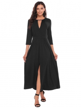 

Black 3"4 Sleeve Ruffle Solid Hem Split Long Dress, Multicolor