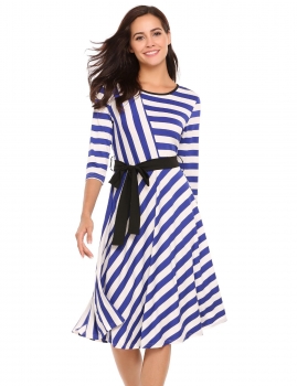 

Blue white O-Neck 3"4 Sleeve Striped A-Line Dress with Belt, Multicolor