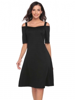 

Black Short Sleeve Cold Shoulder A-Line Solid Dress, Multicolor