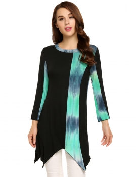 

Black Contrast Color Asymmetrical Hem Long Sleeve O-Neck Tunics, Multicolor