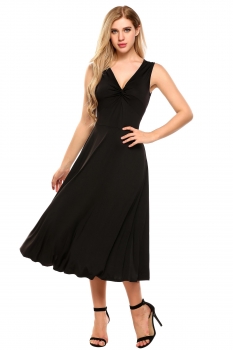 

Black V-Neck Sleeveless Front Cross Solid A-Line Dress, Multicolor