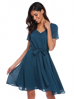 

Navy blue V-Neck Solid A-Line Chiffon Dress with Belt, Multicolor