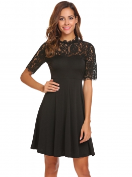 

Black Women Fashion O-Neck Short Sleeve Lace High Waist A-Line Dress, Multicolor