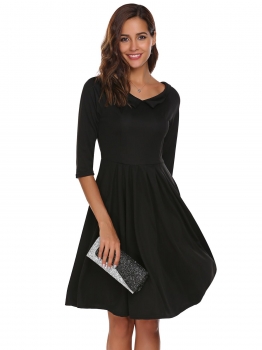 

Black V-Neck 3"4 Sleeve Solid A-Line Dress, Multicolor