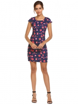 

Red Cap Sleeve Floral Split Back Sheath Dress, Multicolor