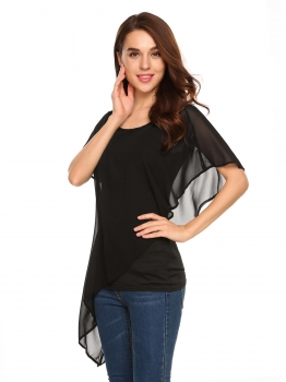 

Black Short Sleeve Asymmetric Loose Chiffon Blouse, Multicolor