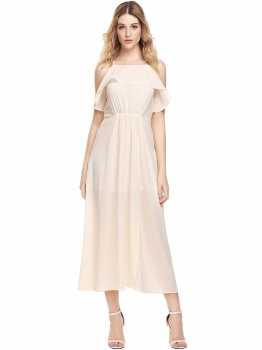 

Beige Spaghetti Strap Ruffles Solid Split Maxi Dress, Multicolor