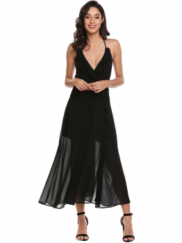 

Black Spaghetti Strap High Waist Ruffles Backless V Neck Split Chiffon Maxi Evening Wedding Dress, Multicolor